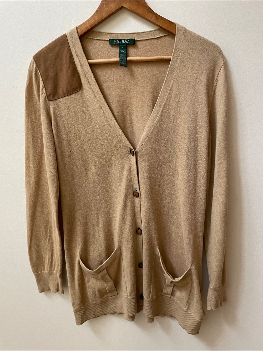 Lauren Ralph Lauren Tan Beige Button-Front Cardigan with Brown Shoulder Patch
